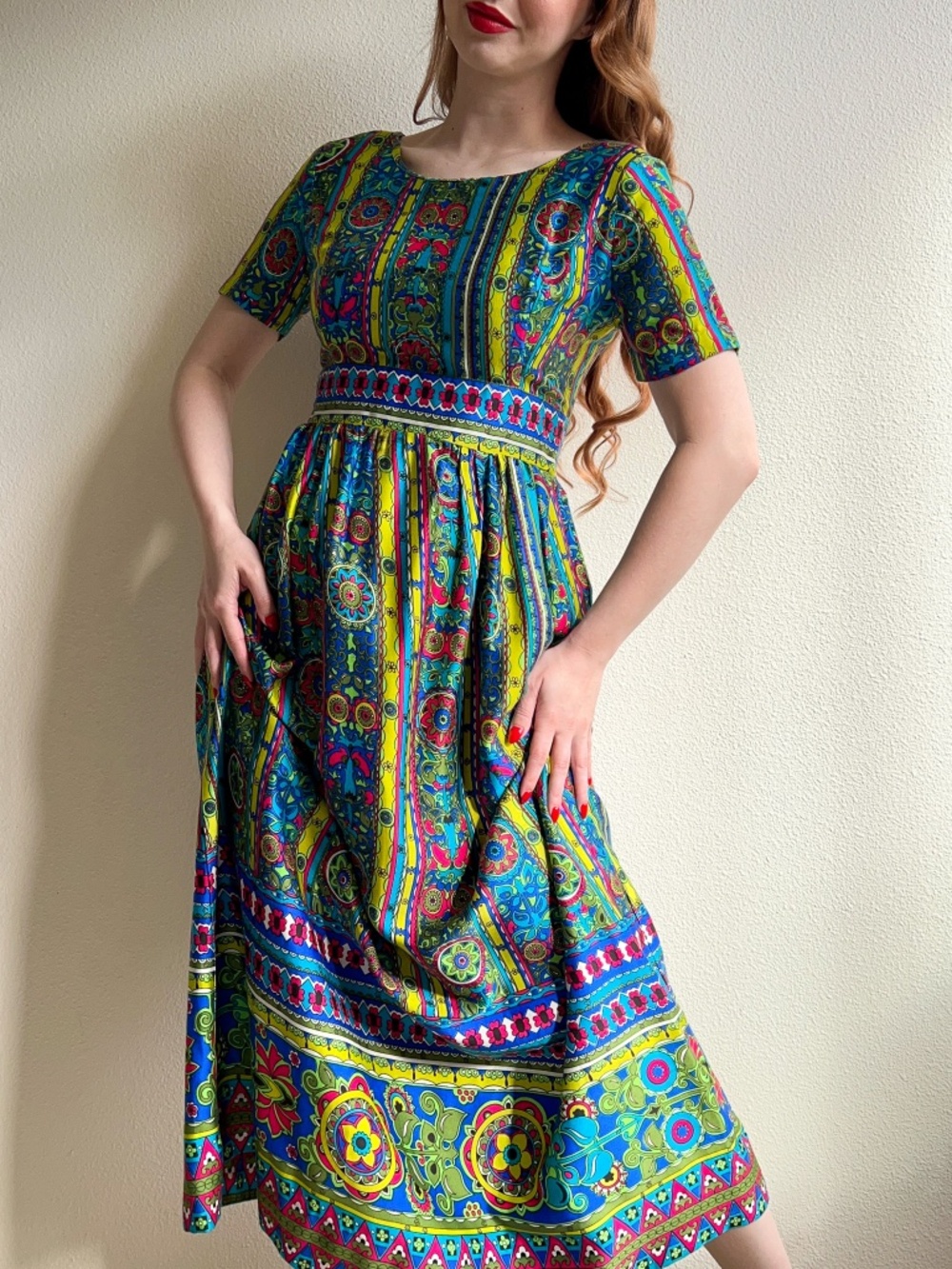 Vibrant Vintage 1960s Teal and Lime Retro Print Maxi Dress (M)